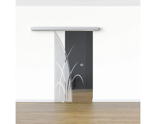 Schiebetür aus Glas mit Gräser-Motiv vor weißer Wand