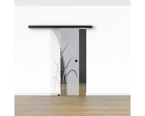 Schiebetür aus Glas mit Dekor und schwarzer Laufschiene