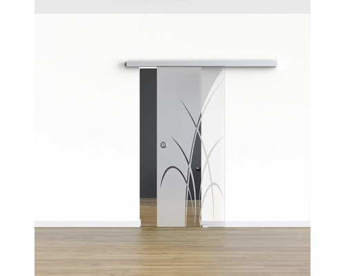 Schiebetür aus Glas mit Dekor vor einer Wand