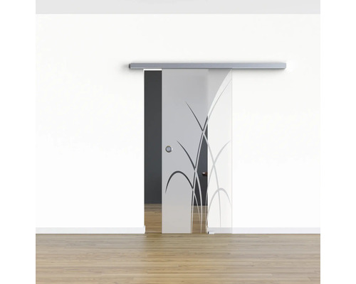 Schiebetür aus Glas mit Pflanzenmuster in einem hellen Raum