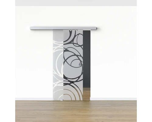 Schiebetür aus Glas mit Kreismuster in einer Wohnraumumgebung