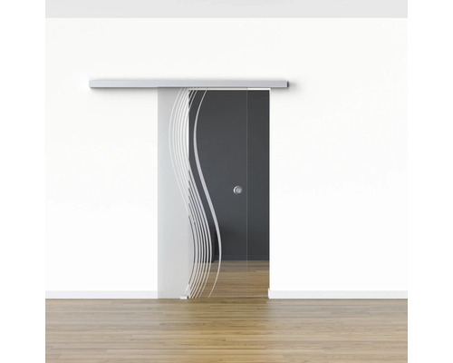 Glastür mit Schiebetürsystem und Wellenmuster