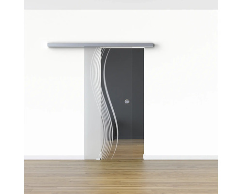 Glastür mit Schiebesystem und Streifenmuster