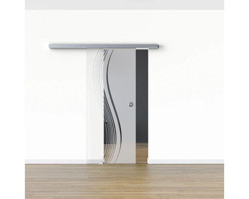 Schiebetür aus Glas mit Wellenmuster vor einer weissen Wand