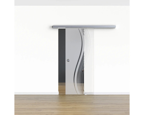 Schiebetür aus Glas mit horizontaler Aufhängung in einem Zimmer.