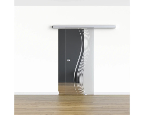 Glasschiebetür mit Wellenmuster und Griff in Raumansicht