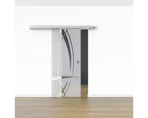 Schiebetür aus Glas mit abstrakten Motiven vor einer Wand