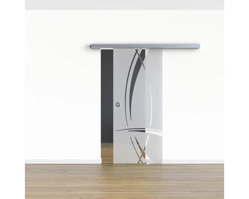 Schiebetür aus Glas mit abstraktem Muster in einem Raum