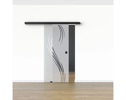 Schiebetür aus Glas mit Dekor und schwarzer Laufschiene vor einer weißen Wand