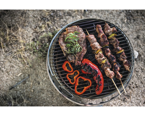 Grill mit Steak, Gemüsespießen und gegrillter Paprika
