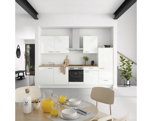 NOBILIA Küchenzeile mit Geräten Modern 300 cm Frontfarbe weiß hochglanz Korpusfarbe weiß Variante rechts