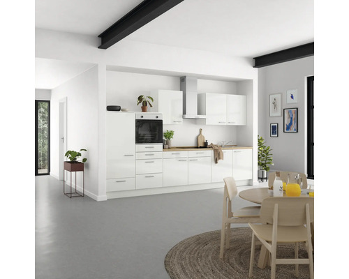 NOBILIA Küchenzeile mit Geräten Modern 360 cm Frontfarbe weiß hochglanz Korpusfarbe weiß Variante links