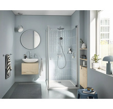 Badezimmer mit Dusche, Waschbecken, Spiegel und Regalen