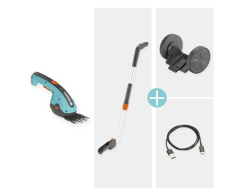 Gardena Akku-Grasschere Set mit Teleskopstiel, Rädern und USB-Kabel