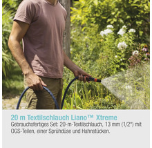 Eine Person bewässert Pflanzen mit einem 20 Meter langen Textilschlauch