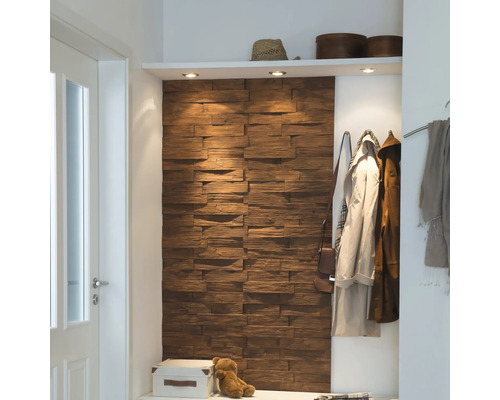 Eingangsbereich mit Holzverkleidung, Regal und Garderobe.