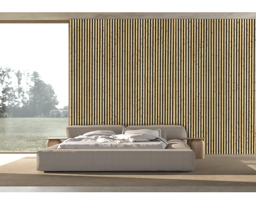 Schlafzimmer mit Akustikpaneelen an der Wand