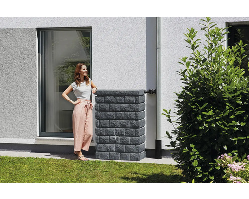 Regentonne aus Kunststoff in Steinoptik mit Wasserhahn und Regensammler