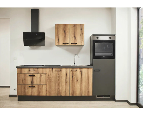 Moderne Küche mit Dunstabzugshaube, Spüle, Herd und Backofen.