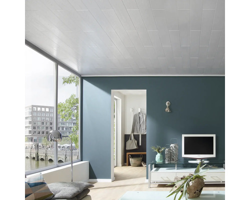 Wohnzimmer mit Holzpaneeldecke, Fenster und Möbeln