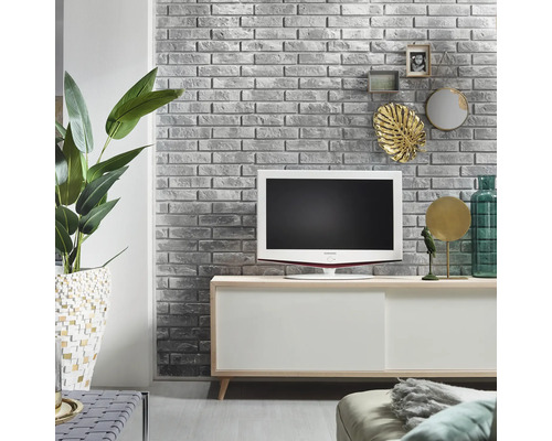 Wohnzimmer mit Fernseher, Kommode, Zimmerpflanze und Dekoration an einer Backsteinwand