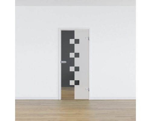 Zimmertür mit Glasausschnitt und geometrischem Muster in einem hellen Raum.