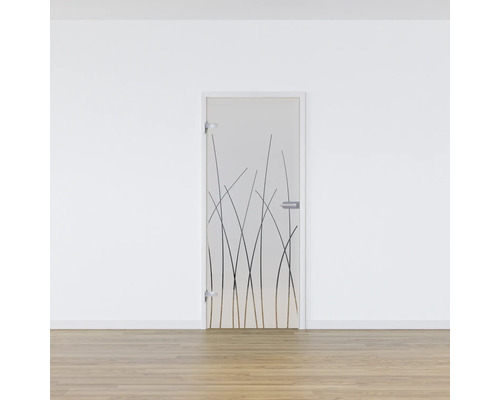 Glastür mit Grasdesign in einem hellen Raum