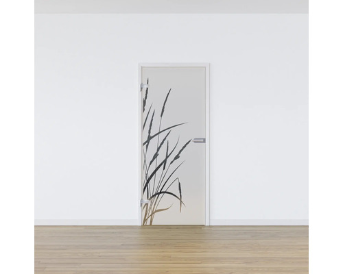 Zimmertür mit Gräser Dekor vor einer weißen Wand