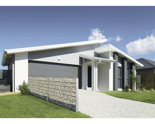 Einfamilienhaus mit Gabionenzaun und gepflasterter Einfahrt