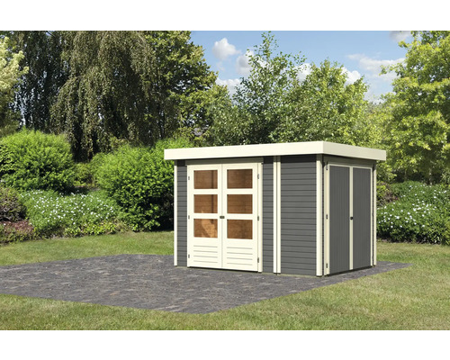 Gartenhaus Karibu Karola 2 inkl. Anbauschrank 284 x 217 cm terragrau Gartenhaus mit Doppeltür und Flachdach im Garten