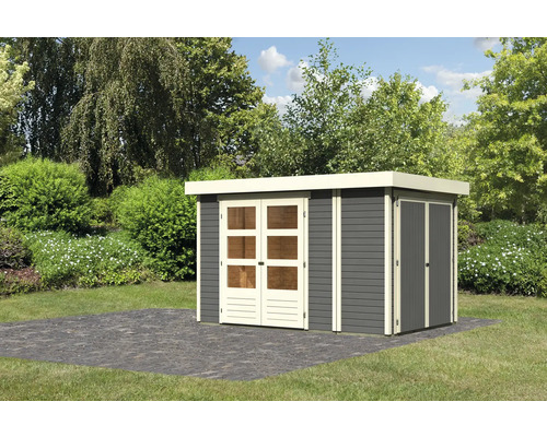 Gartenhaus Karibu Karola 3 inkl. Anbauschrank 315 x 217 cm terragrau Gartenhaus aus Holz mit Doppeltür und Seitentür im Garten