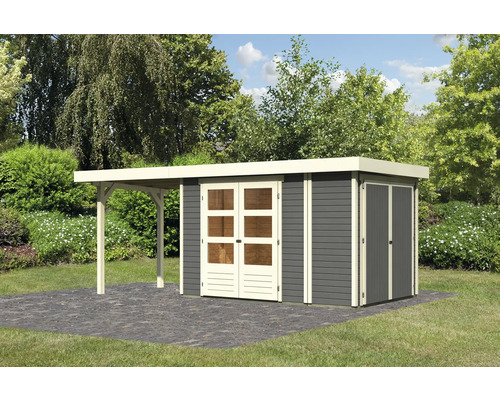 Gartenhaus Karibu Karola 3 mit Schleppdach 2,4 m inkl. Anbauschrank 539 x 217 cm terragrau