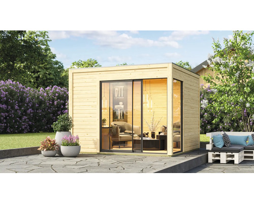 Gartenhaus Karibu Diko 1 38 mm inkl. Fußboden 308 x 308 cm natur Modernes Gartenhaus mit Glasfront und Holzverkleidung im Außenbereich.