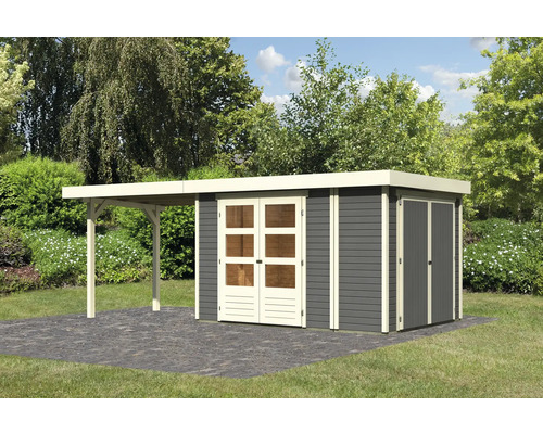 Gartenhaus Karibu Karola 4 mit Schleppdach 2,8 m inkl. Anbauschrank 603 x 262 cm terragrau