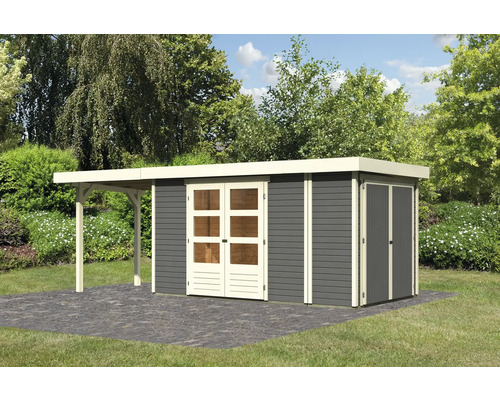 Gartenhaus Karibu Karola 5 mit Schleppdach 2,4 m inkl. Anbauschrank 629 x 238 cm terragrau