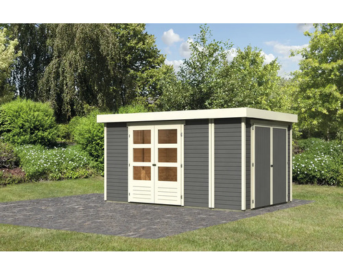 Gartenhaus Karibu Karola 6 inkl. Anbauschrank 377 x 246 cm terragrau Gartenhaus mit Doppeltür und Einzeltür im Garten