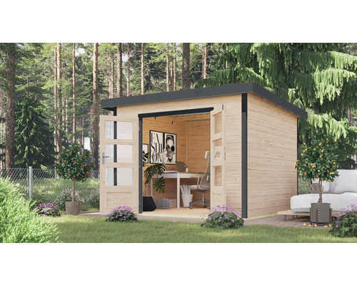 Gartenhaus Karibu Metalwood 2A Blech anthrazit 271 x 271 cm natur Holzgartenhaus mit geöffneten Doppeltüren und Büroeinrichtung im Garten