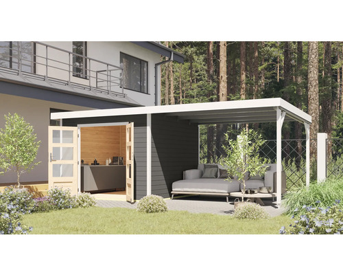 Gartenhaus Karibu Metalwood 2B Blech weiß inkl. Anbaudach 567 x 292 cm terragrau