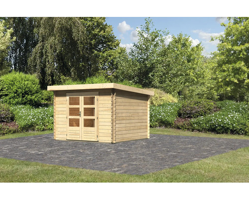 Holzgartenhaus mit Doppeltür und Gründach im Garten