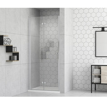 Badezimmer mit Duschabtrennung aus Glas und Fliesen im Hexagon-Muster