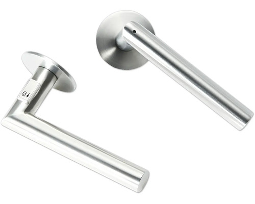 Zwei Türgriffe aus Edelstahl, einer davon mit Schlossanzeige