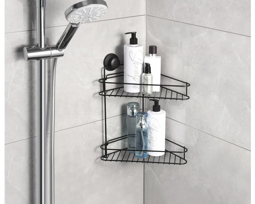 Eckregal mit zwei Ablagen und Saugnapfbefestigung im Badezimmer.