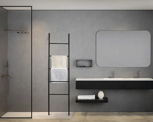 Modernes Badezimmer mit Dusche, Waschtisch, Spiegel und Handtuchhalter