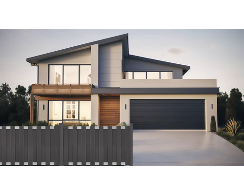 Modernes zweistöckiges Haus mit Garage und Zaun