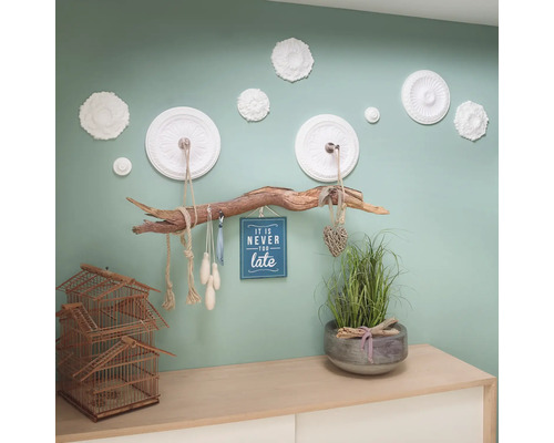 Dekorative Wandgestaltung mit Stuckrosetten, Garderobe aus einem Ast, Dekoschild, Pflanze im Topf und Vogelkäfig auf einer Kommode.