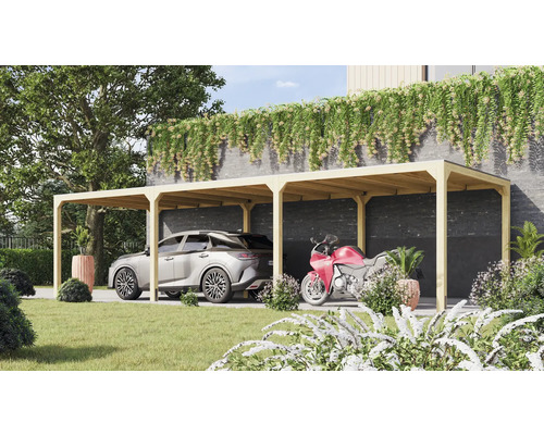 Doppelcarport aus Holz mit Auto und Motorrad