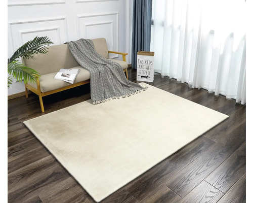 Beige Teppich auf Holzboden in einem hellen Wohnzimmer mit Sofa und Dekoration