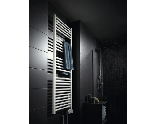 Badezimmer mit Handtuchheizkörper, Handtüchern, Dusche und Ablage