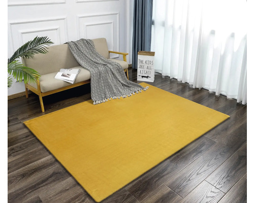 Gelber Teppich in einem Wohnzimmer mit Sofa und Dekoration