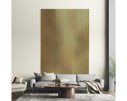 Wohnzimmer mit Akustikpaneel aus Holz an der Wand